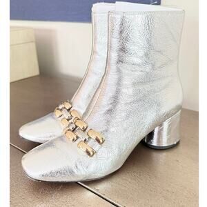 Marc Jacobs Remi Chain Link Silver Leather Ankle Boots Block Heel 35 US 5